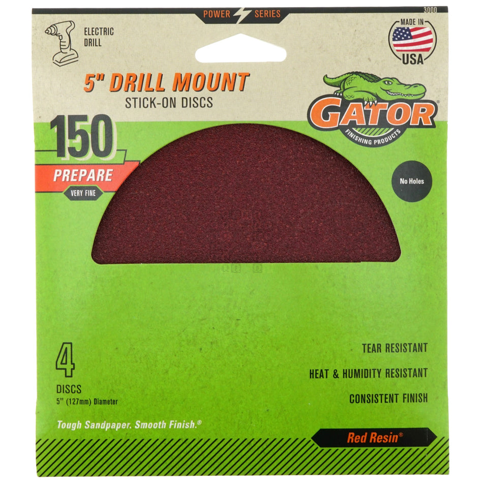 Gator 3000 5" Stick-On Sanding Discs, 150 Grit, Very Fine, No Holes, 4 Pack