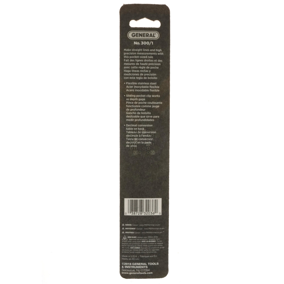 General Tools & Instruments 300/1 6" Stainless Steel Pocket Ruler with Depth Gauge
