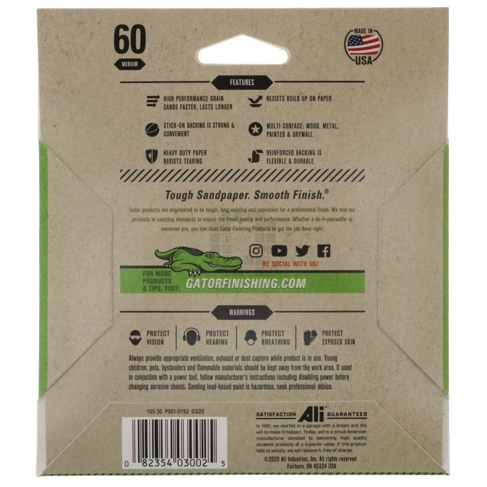 Gator 3002 5" Drill Mount Stick-On Discs, Medium 60 Grit, No Holes, 4 Pack