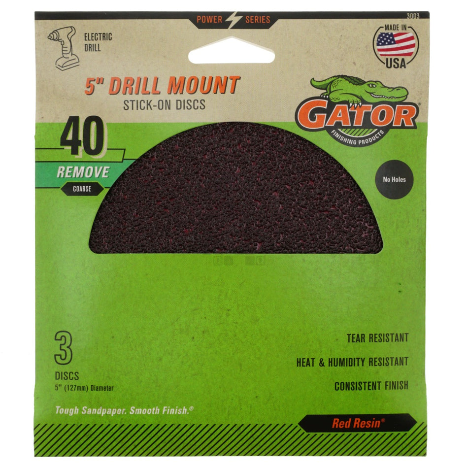 Gator 3003 5" Stick-On Sanding Discs, 40 Grit Coarse, No Holes, 3 Pack