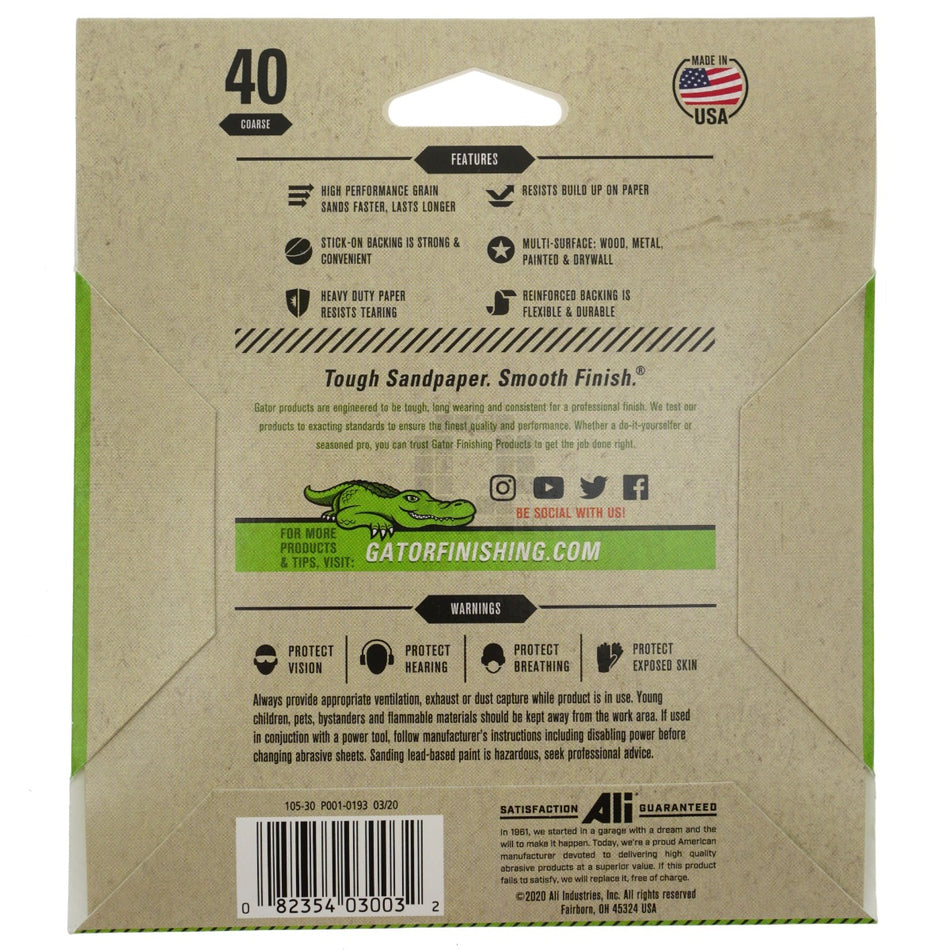 Gator 3003 5" Stick-On Sanding Discs, 40 Grit Coarse, No Holes, 3 Pack