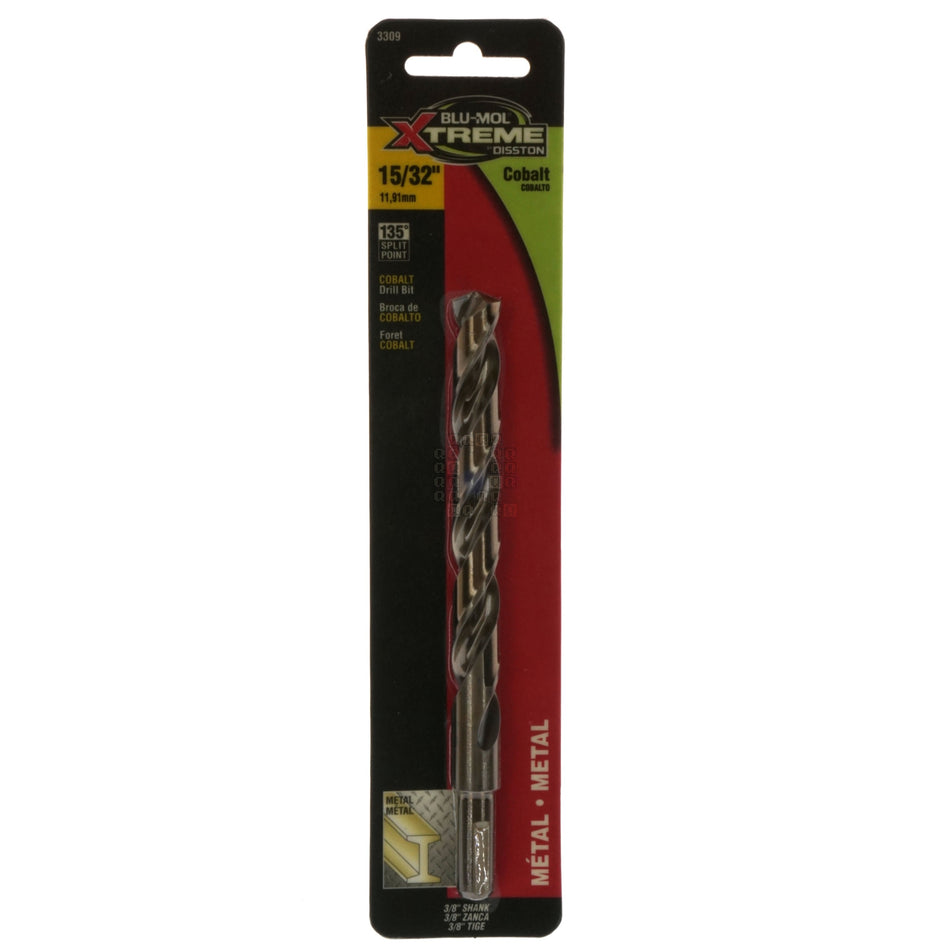 BLU-MOL 3309 15/32" Xtreme 3/8" Reduced Shank Cobalt Drill Bit, 135° Split Point