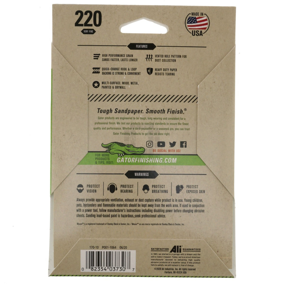 Gator 3730 Mouse Hook & Loop Sander Sheet Pads, Very Fine 220 Grit, 5 Pack