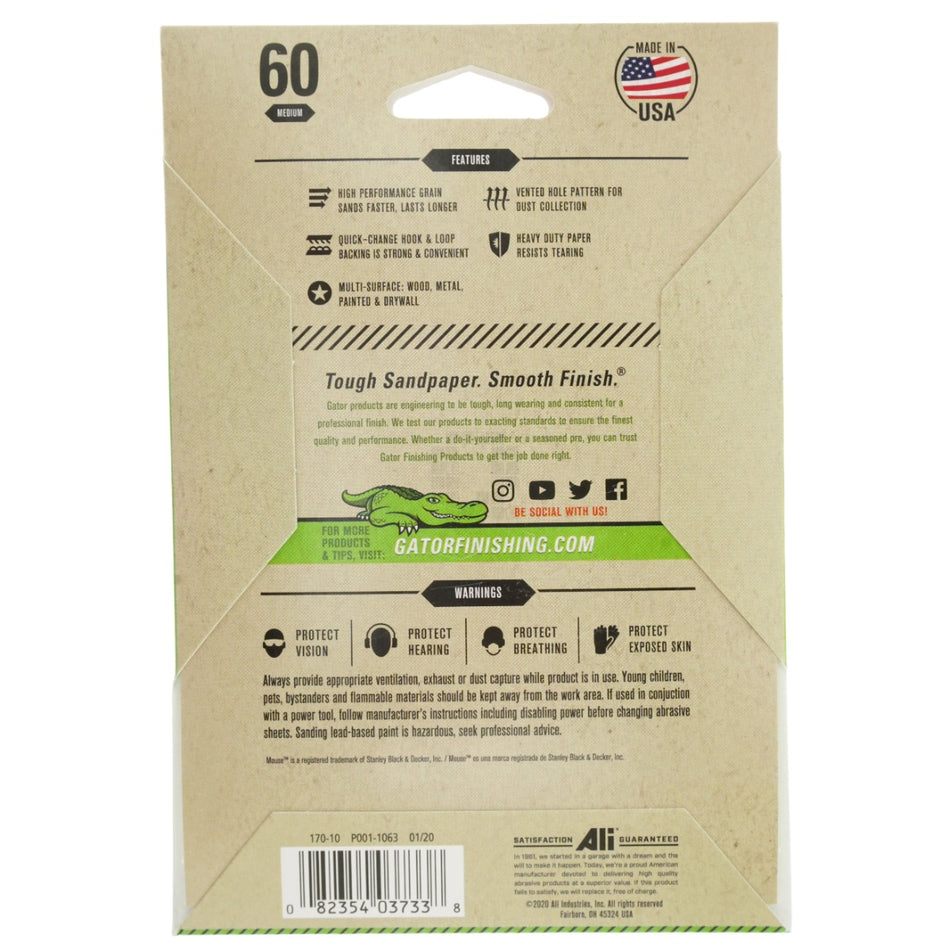 Gator 3733 Mouse Hook & Loop Sander Sheet Pads, Medium 60 Grit, 5 Pack