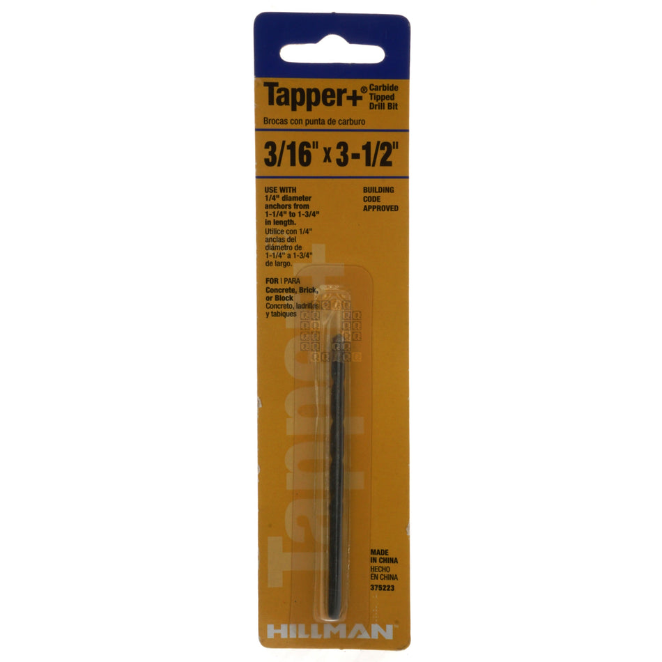 Hillman Group 375223 Tapper+ Carbide Tipped Drill Bit,  3/16" x 3-1/2"