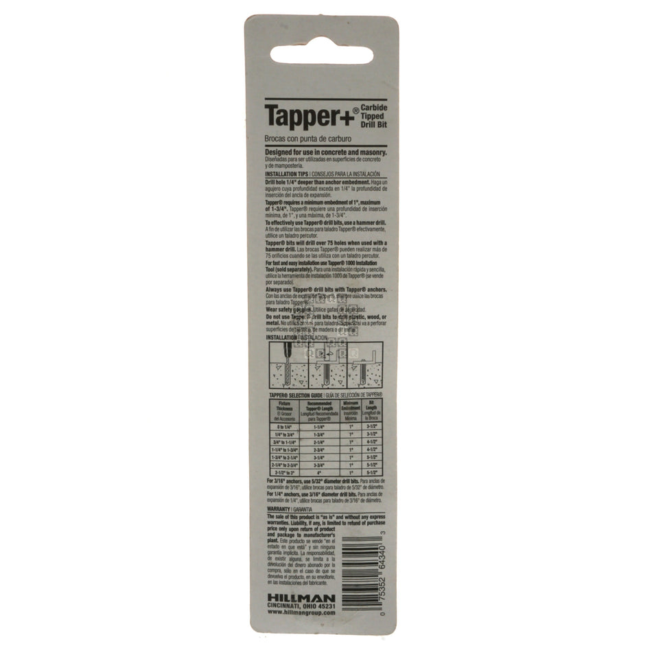 Hillman Group 375223 Tapper+ Carbide Tipped Drill Bit,  3/16" x 3-1/2"
