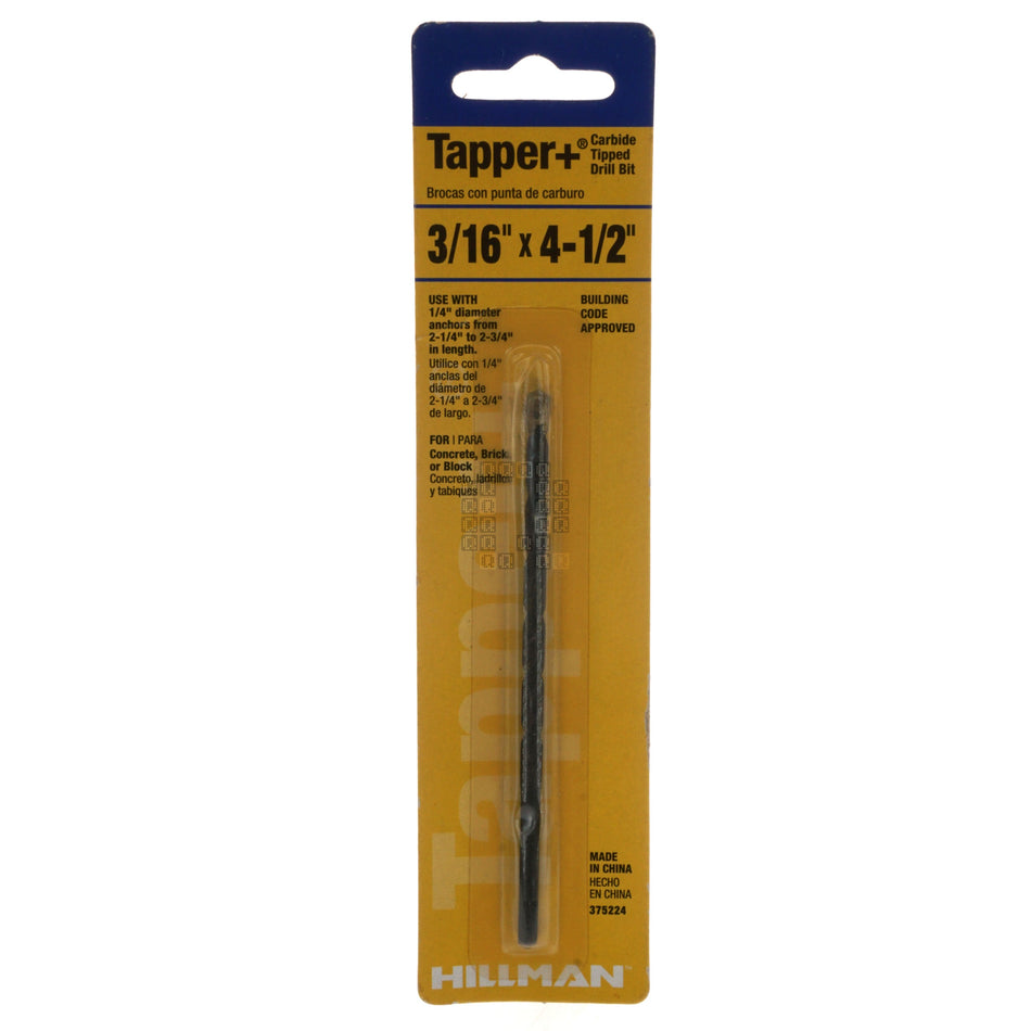 Hillman 375224 Tapper+ Carbide Tipped Masonry Drill Bit, 3/16" x 4-1/2"
