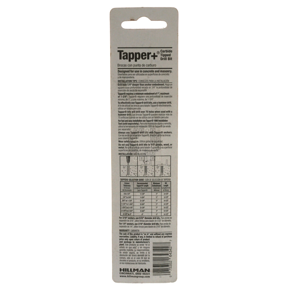 Hillman 375224 Tapper+ Carbide Tipped Masonry Drill Bit, 3/16" x 4-1/2"