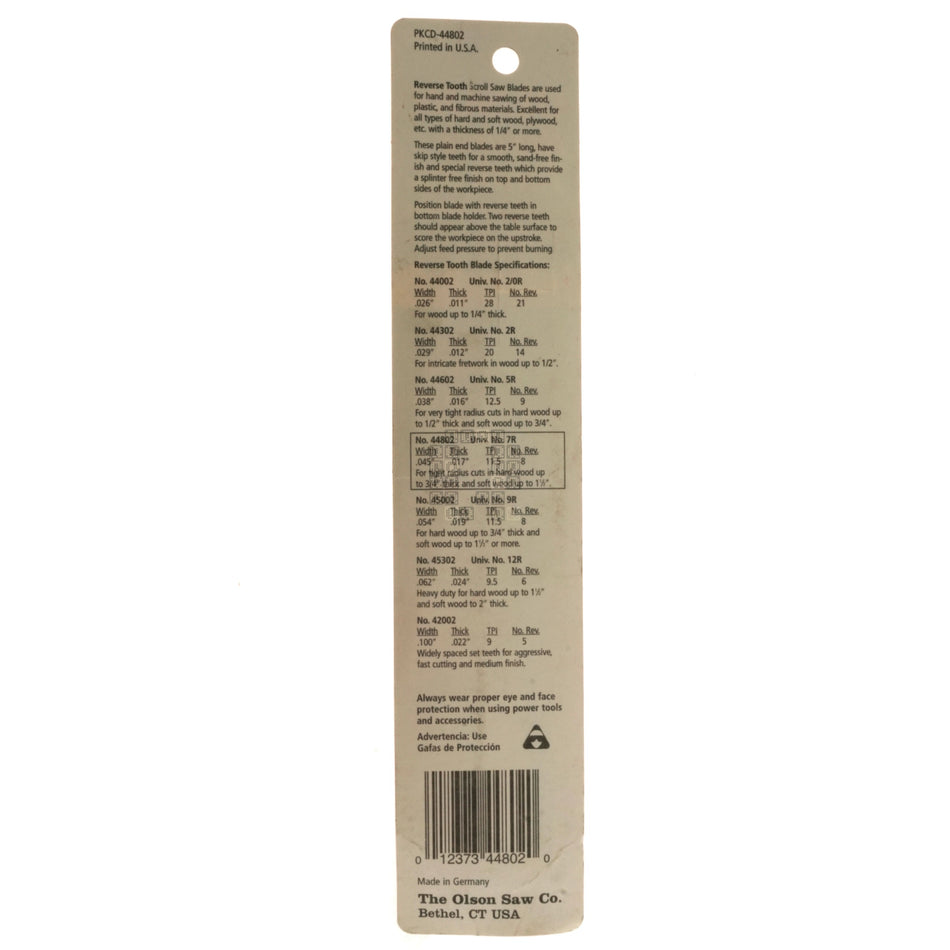 Olson Saw FR44802 Universal No. 7 R 11.5TPI Reverse Tooth Scroll Saw Blades, 5" Length