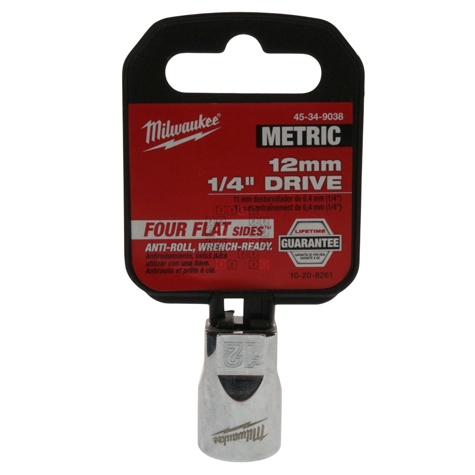 Milwaukee Tool 45-34-9038 1/4" Drive 12mm Metric Standard Chrome Socket FOUR FLAT Sides