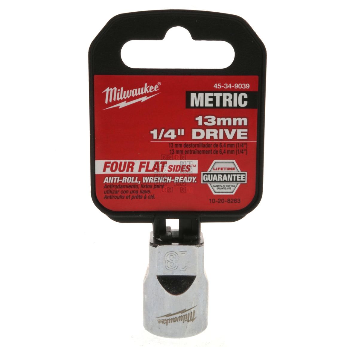 Milwaukee Tool 45-34-9039 Standard 1/4" Drive Chrome 13mm Metric Socket with Four Flat Sides Package Front