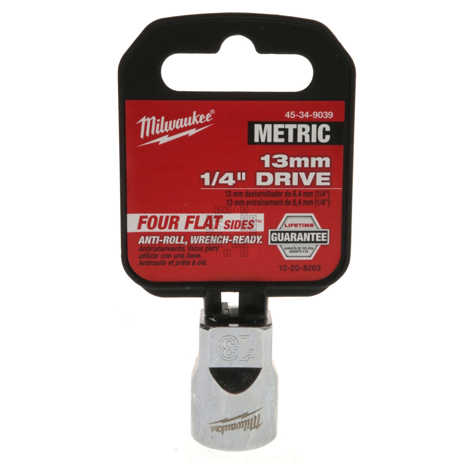 Milwaukee 45-34-9039 Standard 1/4" Drive Chrome 13mm Metric Socket with Four Flat Sides