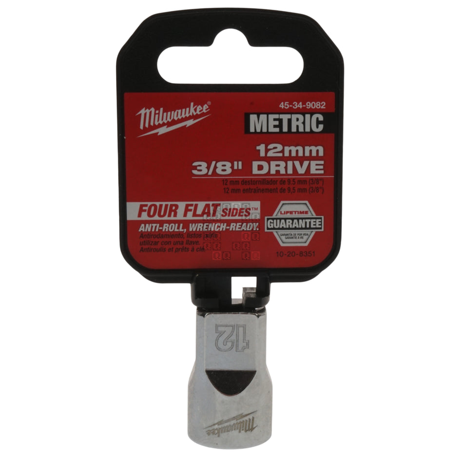 Milwaukee 45-34-9082 Standard 3/8" Drive Chrome 12mm Metric Socket with Four Flat Sides