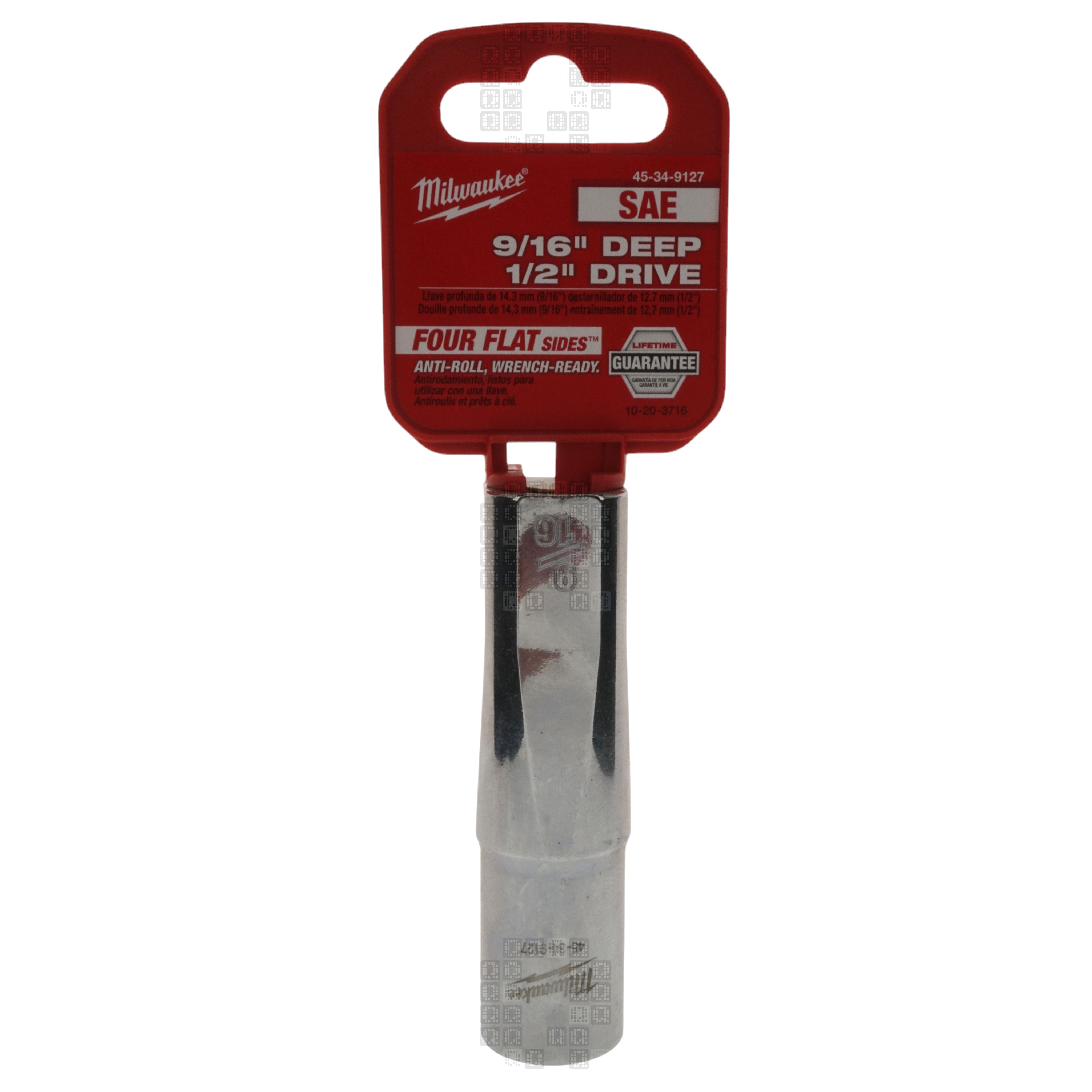 Milwaukee Tool 45-34-9127 Deep Chrome 9/16" Hex Drive 1/2" Square SAE Socket with Four Flat Sides Hangtag Front