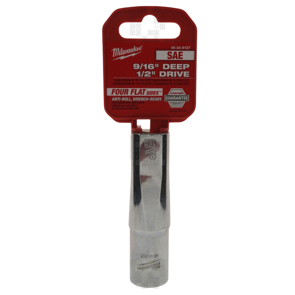 Milwaukee Tool 45-34-9127 Deep Chrome 9/16" Hex Drive 1/2" Square SAE Socket with Four Flat Sides Hangtag Front