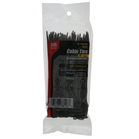 Gardner Bender GB 46-104UVB  Indoor/Outdoor 4" Standard Cable Ties, UV Resistant Black, 100-Pack, Package Front