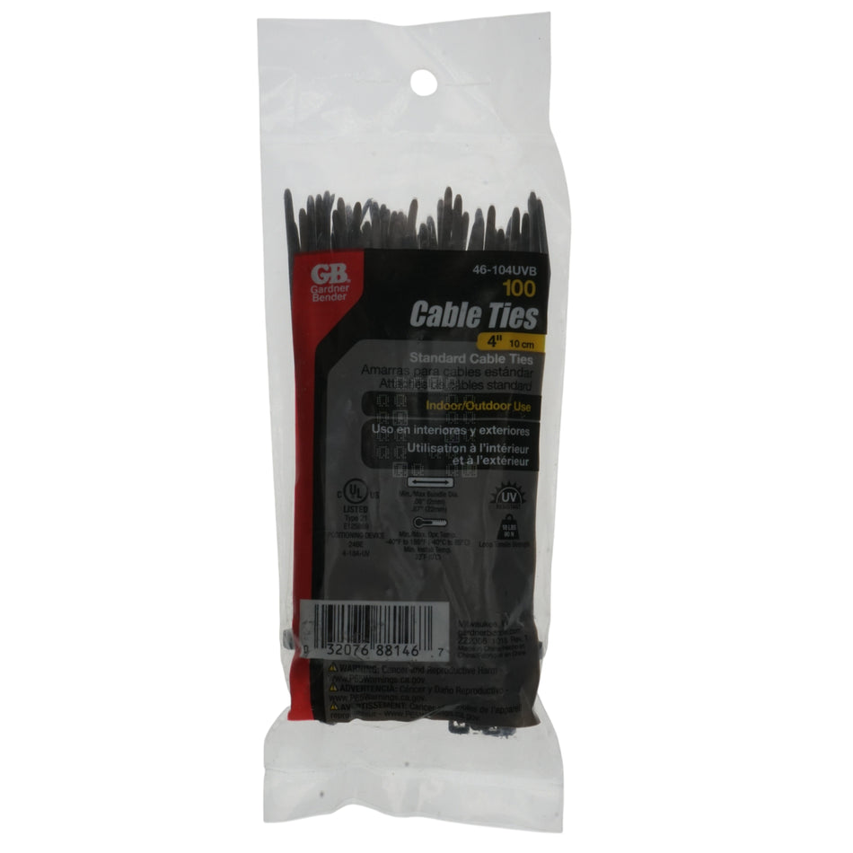 Gardner Bender GB 46-104UVB  Indoor/Outdoor 4" Standard Cable Ties, UV Resistant Black, 100-Pack, Package Front