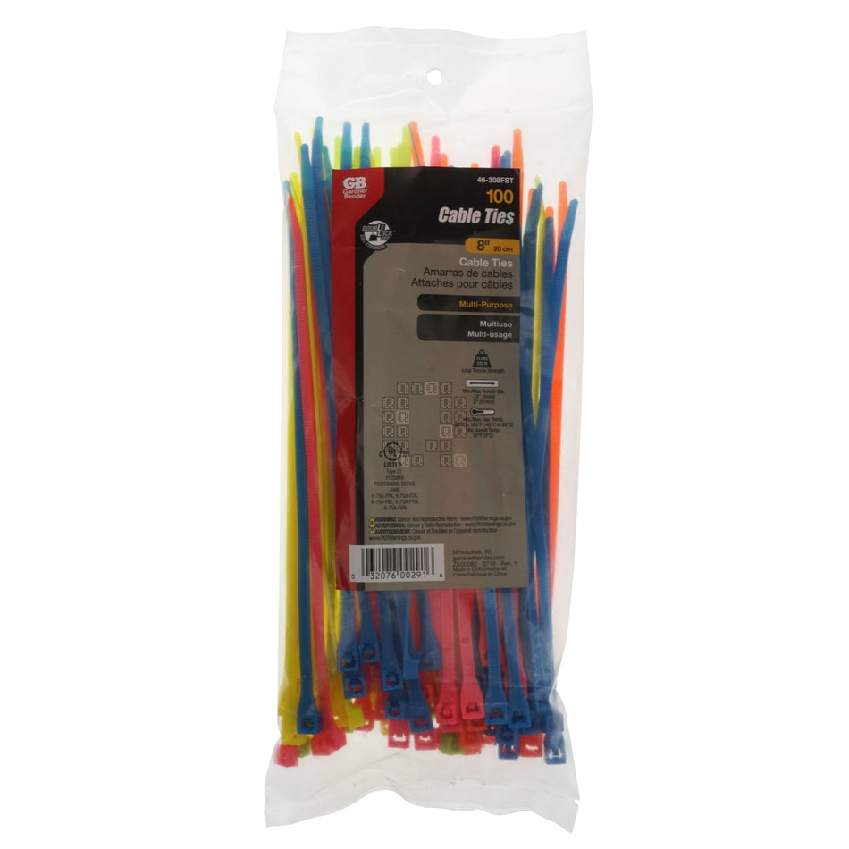 Gardner Bender GB 46-308FST Multi-Purpose 8" Neon Cable Tie Assortment, 100-Pack