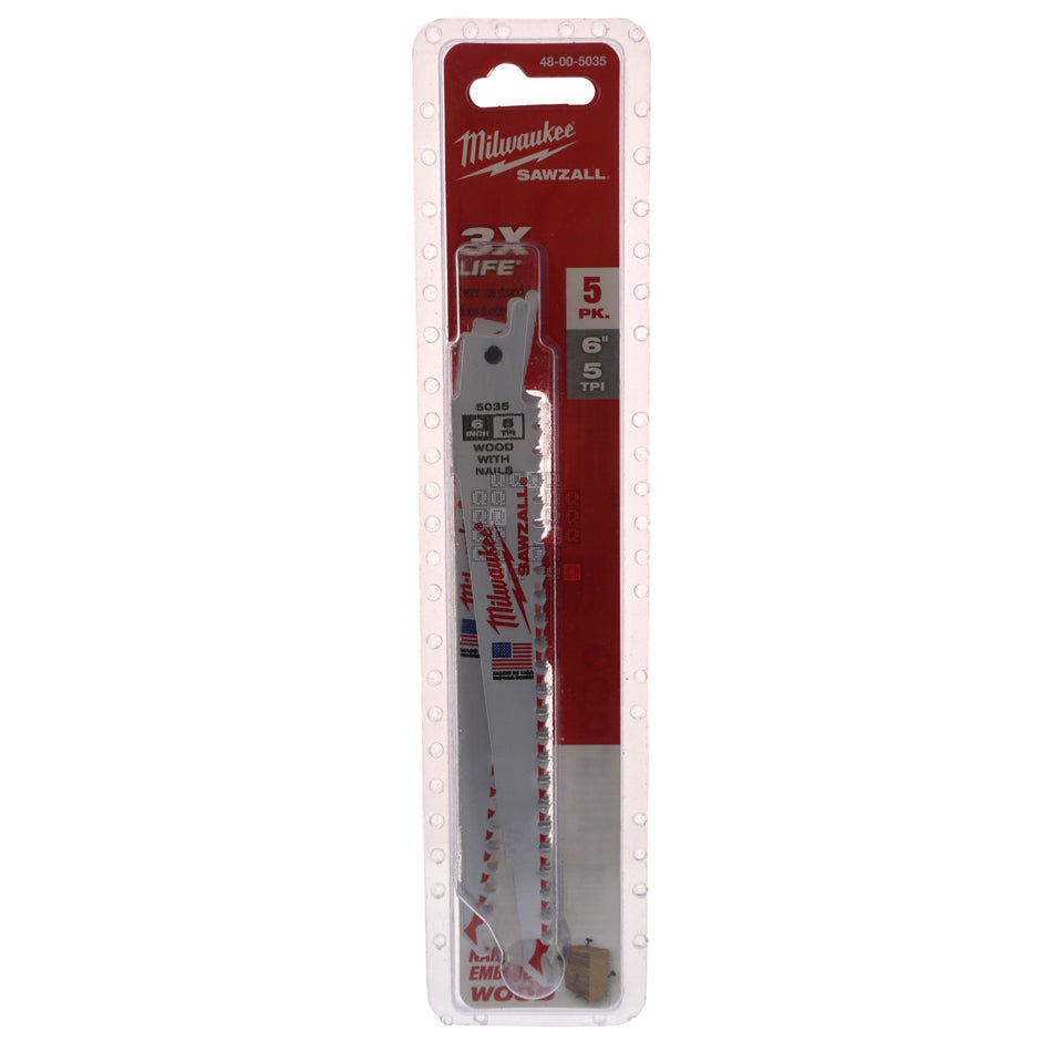Milwaukee Tool 48-00-5035 6" Sawzall Blades, 5 TPI, Bi-Metal for Wood, 5-Pack