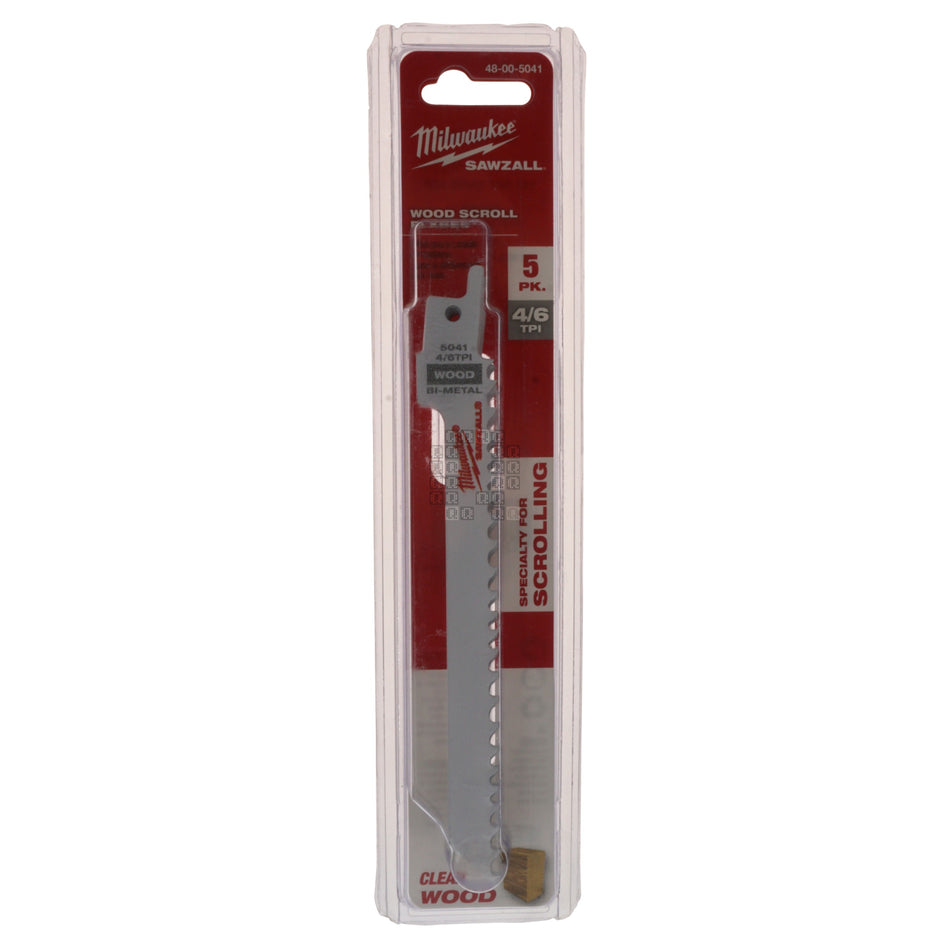 Milwaukee Tool 48-00-5041 6" Bi-Metal Low Profile Wood Scroll 4/6 TPI Sawzall Blades, 5-Pack