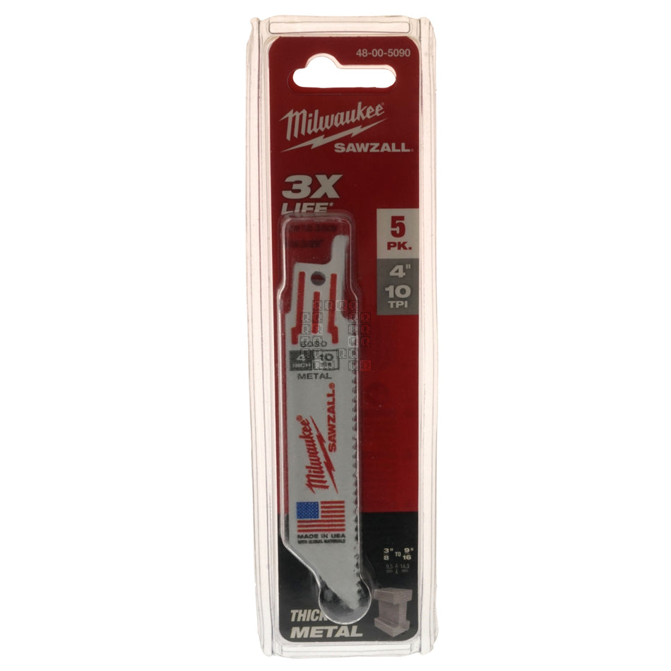 Milwaukee Tool 48-00-5090 4"Length 10 TPI  SAWZALL Blades, 5-Pack, 3/8" to 9/16" Thick Metal