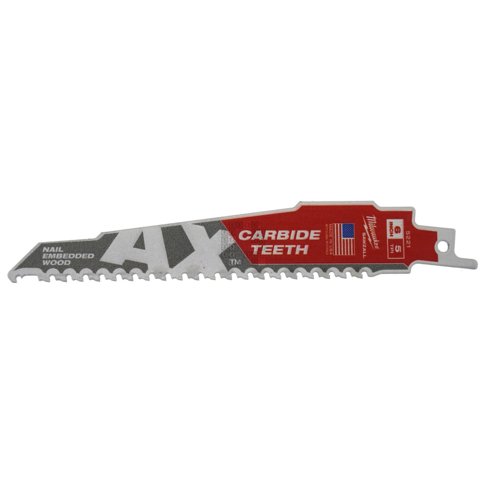 Milwaukee Tool 48-00-5221 SAWZALL The AX 5 TPI 6" Carbide Tooth Blade - 1-Pack