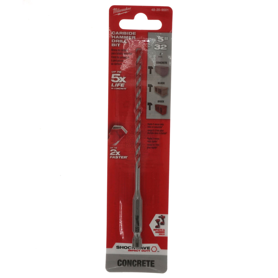 Milwaukee Tool 48-20-9001 5/32" x 4" x 6" SHOCKWAVE Carbide Hammer Drill Bit