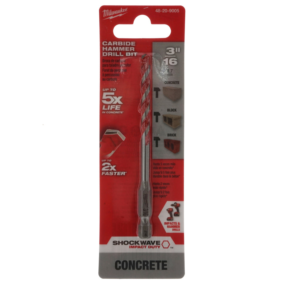 Milwaukee Tool 48-20-9005 3/16" x 2" x 4" SHOCKWAVE Carbide Hammer Drill Bit