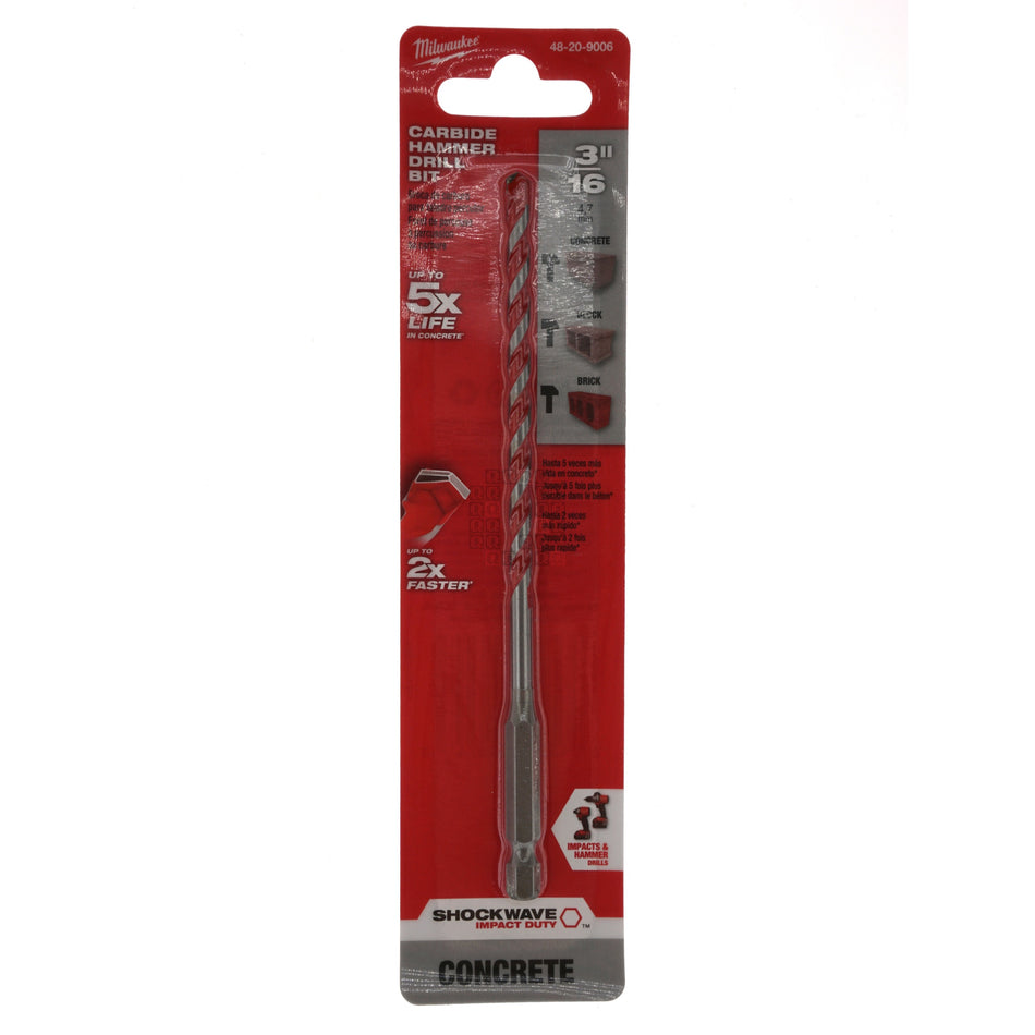 Milwaukee Tool 48-20-9006 3/16" x 4" x 6" SHOCKWAVE Carbide Hammer Drill Bit