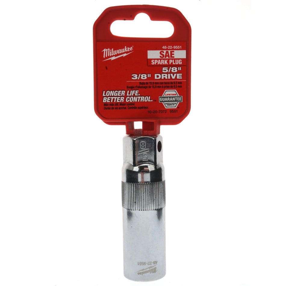 Milwaukee Tool 48-22-9551 3/8" Drive 5/8" Spark Plug Chrome Socket SAE, Rubber Retainer
