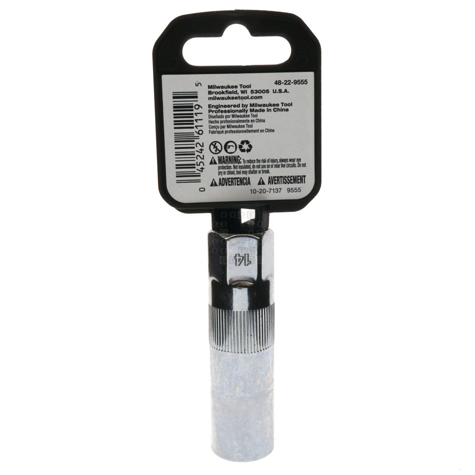Milwaukee Tool 48-22-9555 3/8" Drive 14mm Metric Spark Plug Chrome Socket, Rubber Retainer