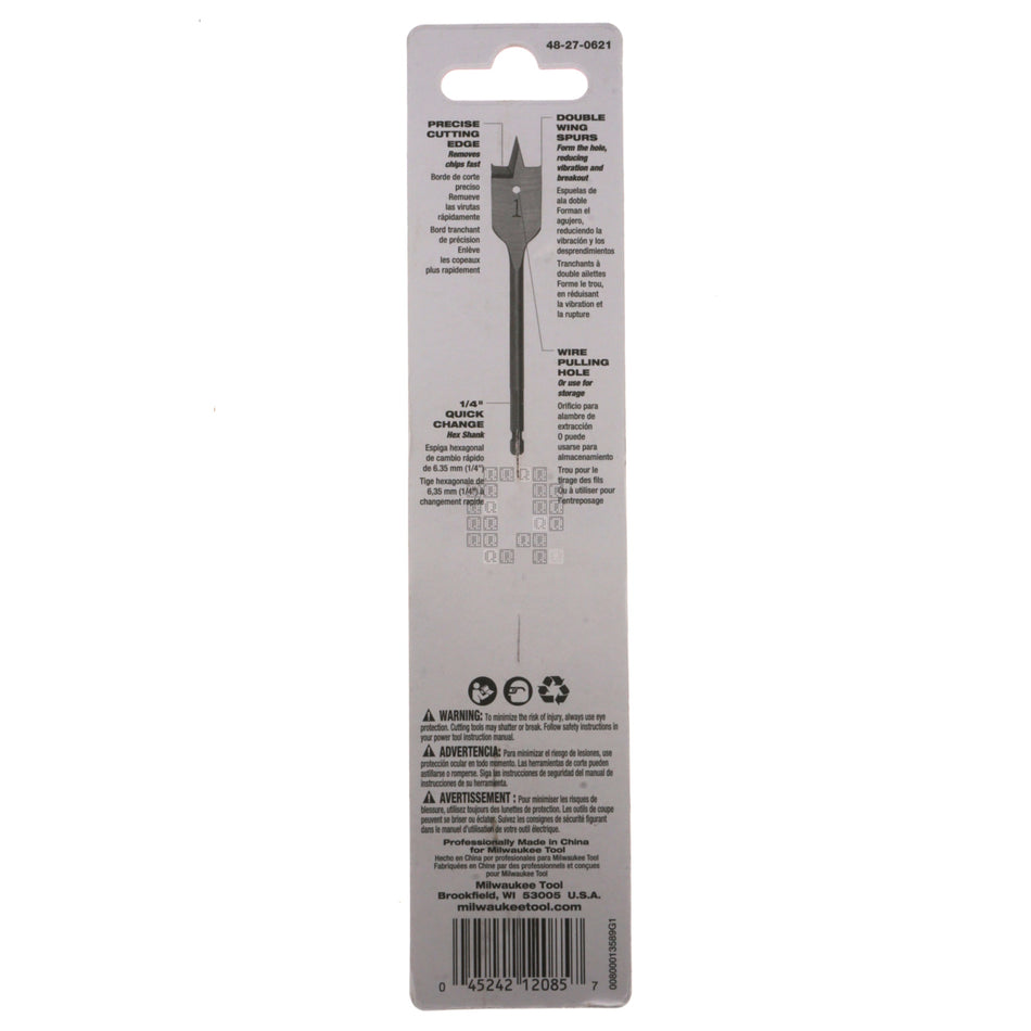 Milwaukee Tool 48-27-0621 Flat Boring Bit 5/8" x 6", for 1/4" Hex Quick Change Chucks