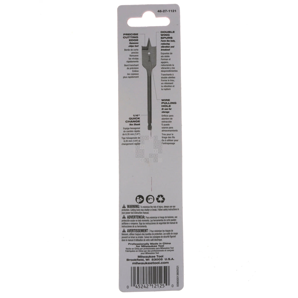 Milwaukee Tool 48-27-1121 Flat Boring Bit 1-1/8" x 6" for 1/4" Hex Quick Change Chucks