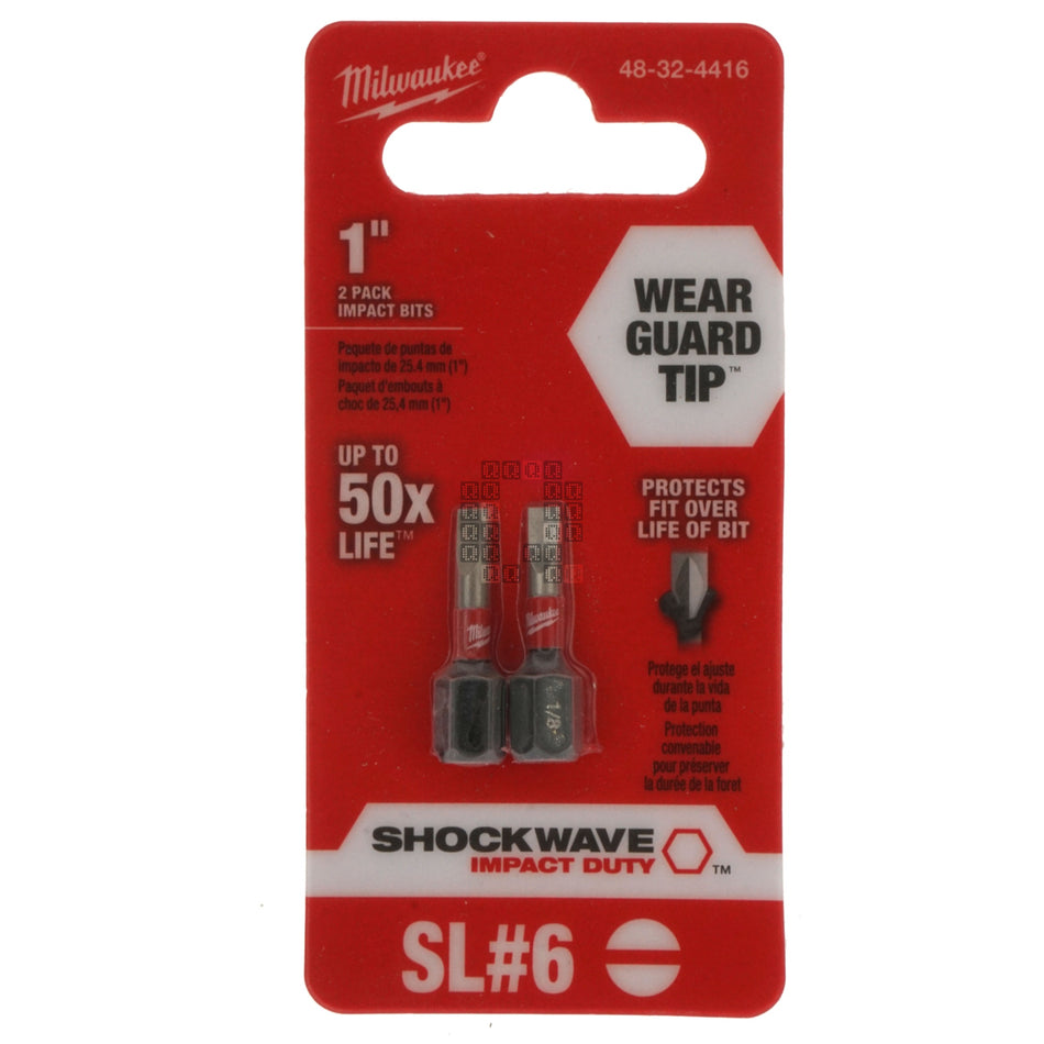 Milwaukee 48-32-4416 SHOCKWAVE 1" Impact Duty SL#6 Slotted 1/8" Insert Bits, 2-Pack