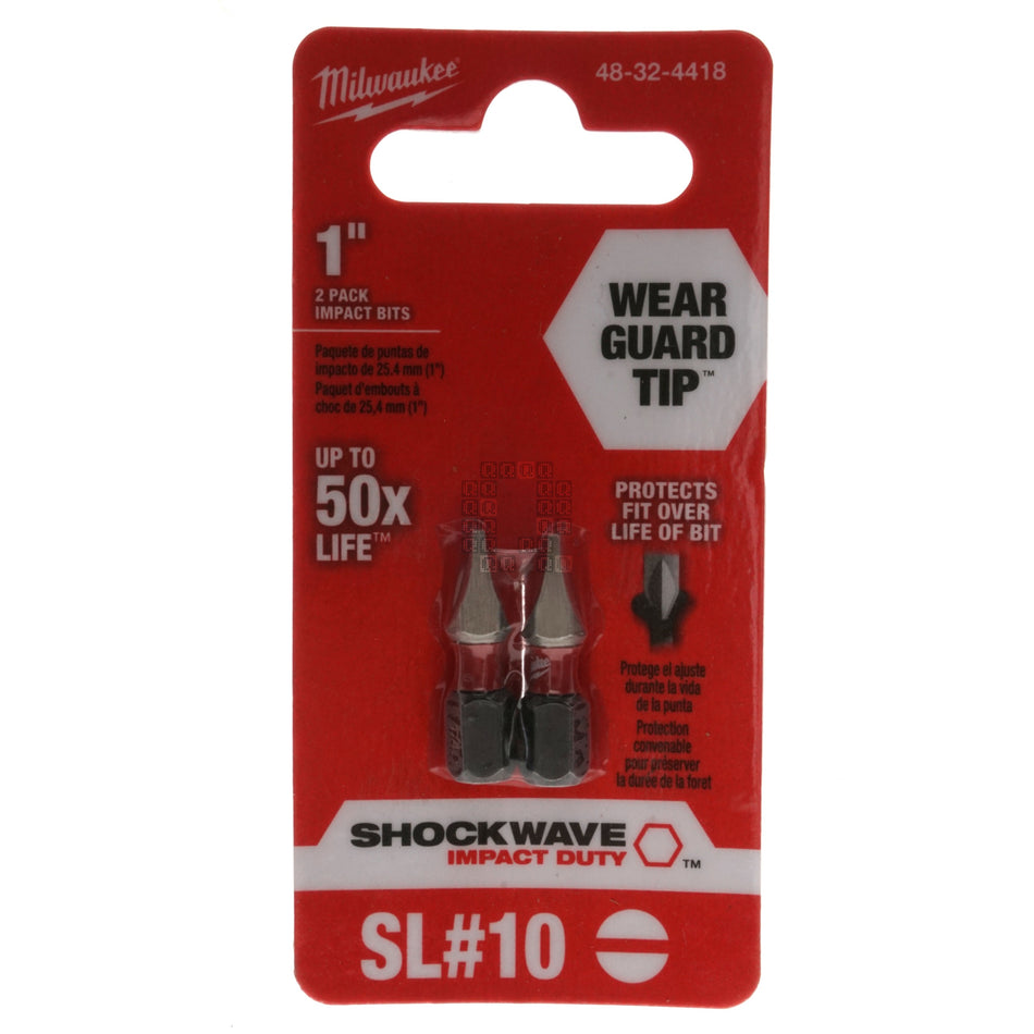 Milwaukee 48-32-4418 SHOCKWAVE 1" Impact Duty Slotted SL#10 1/4" Insert Bits, 2-Pack