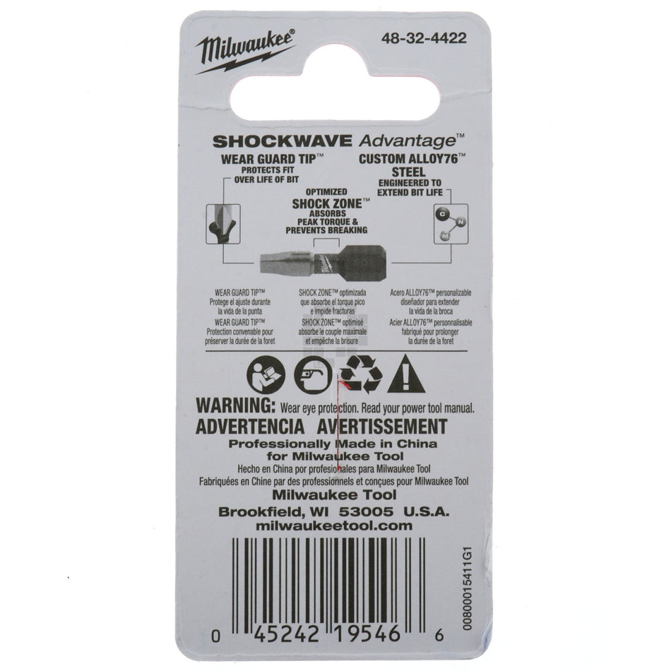 Milwaukee 48-32-4422 Shockwave 1" Impact Duty #2 Square Bits (Pack of 2) SQ2
