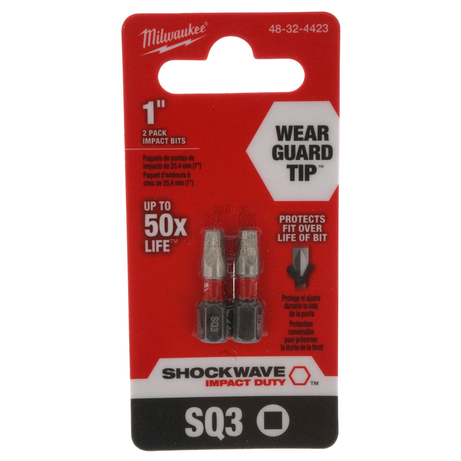Milwaukee Tool 48-32-4423 SHOCKWAVE Impact SQ3 Square Recess #3 Insert Bits, 2-Pack
