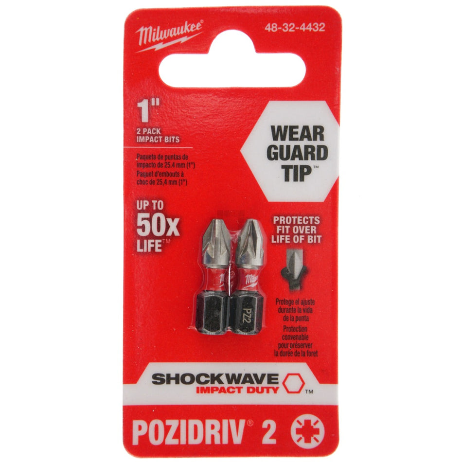 Milwaukee Tool 48-32-4432 SHOCKWAVE Impact Duty Pozidriv 2 Bits, 2 Pack, 1" Length