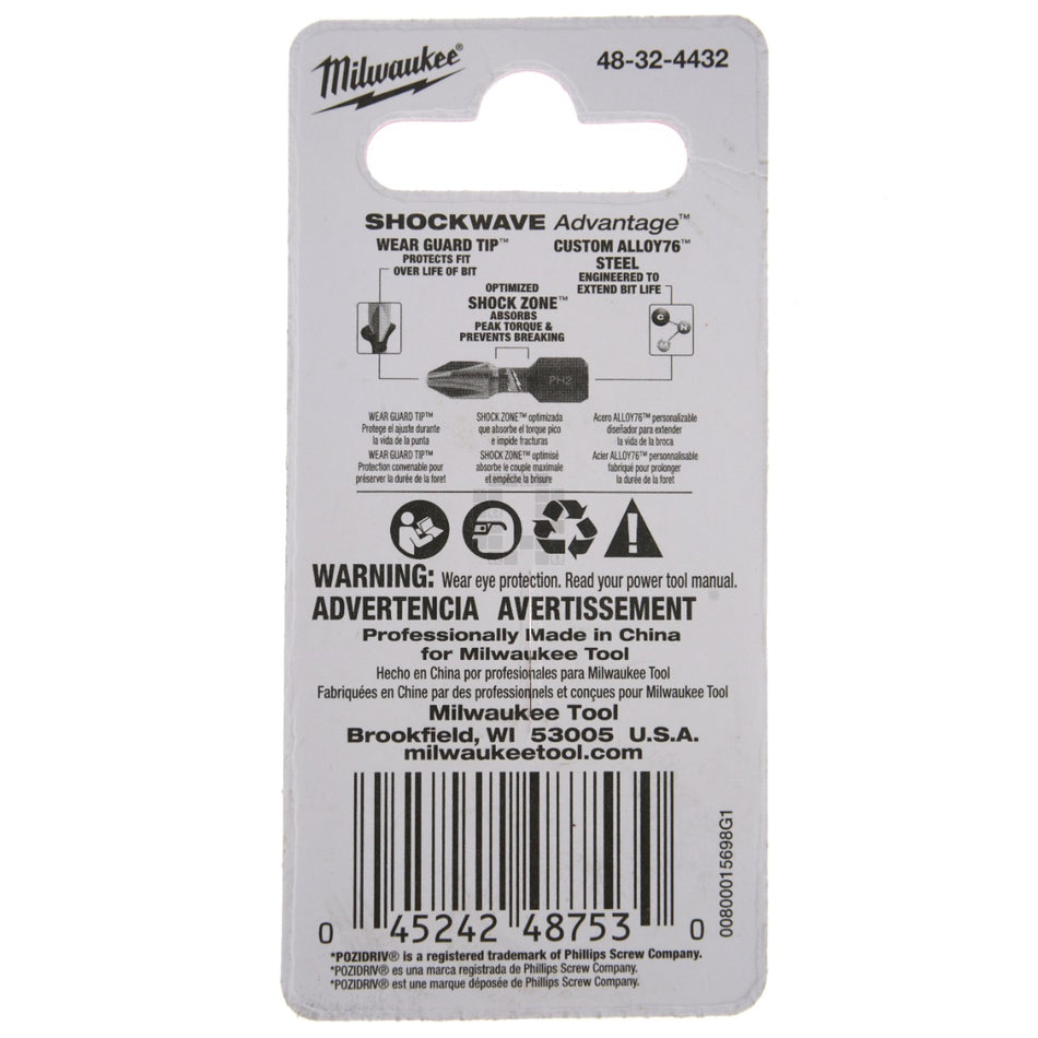 Milwaukee Tool 48-32-4432 SHOCKWAVE Impact Duty Pozidriv 2 Bits, 2 Pack, 1" Length
