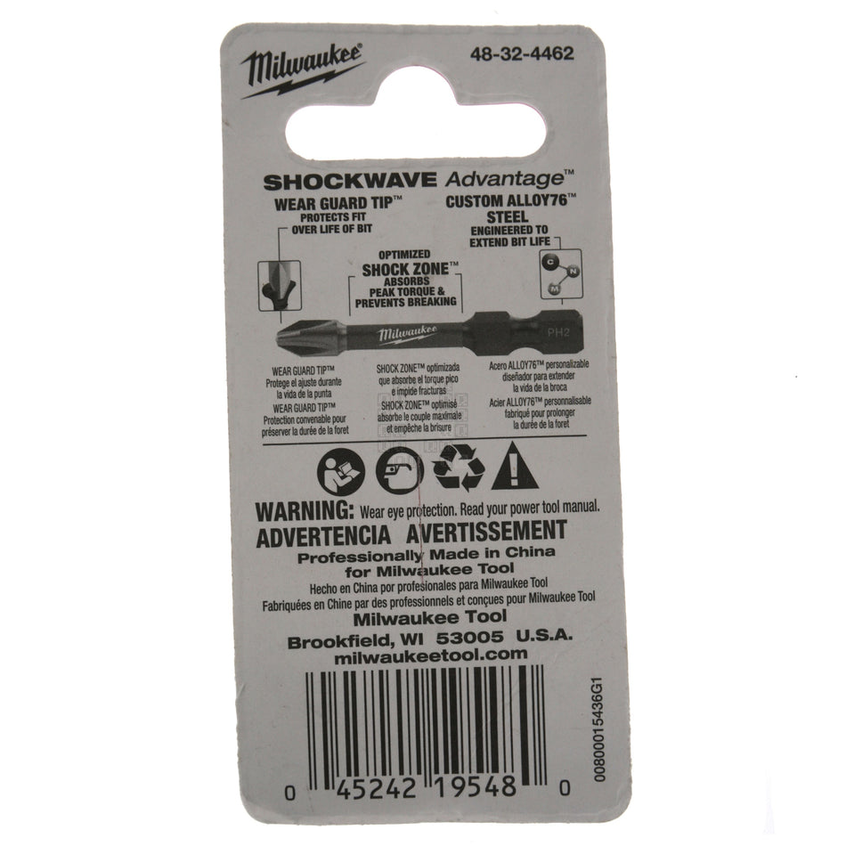 Milwaukee Tool 48-32-4462 SHOCKWAVE Impact PH2 / #2 Phillips Power Bit, 2" Length