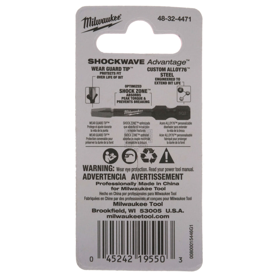 Milwaukee Tool 48-32-4471 SHOCKWAVE Impact SQ1 / #1 Square Recess Power Bit, 2" Length