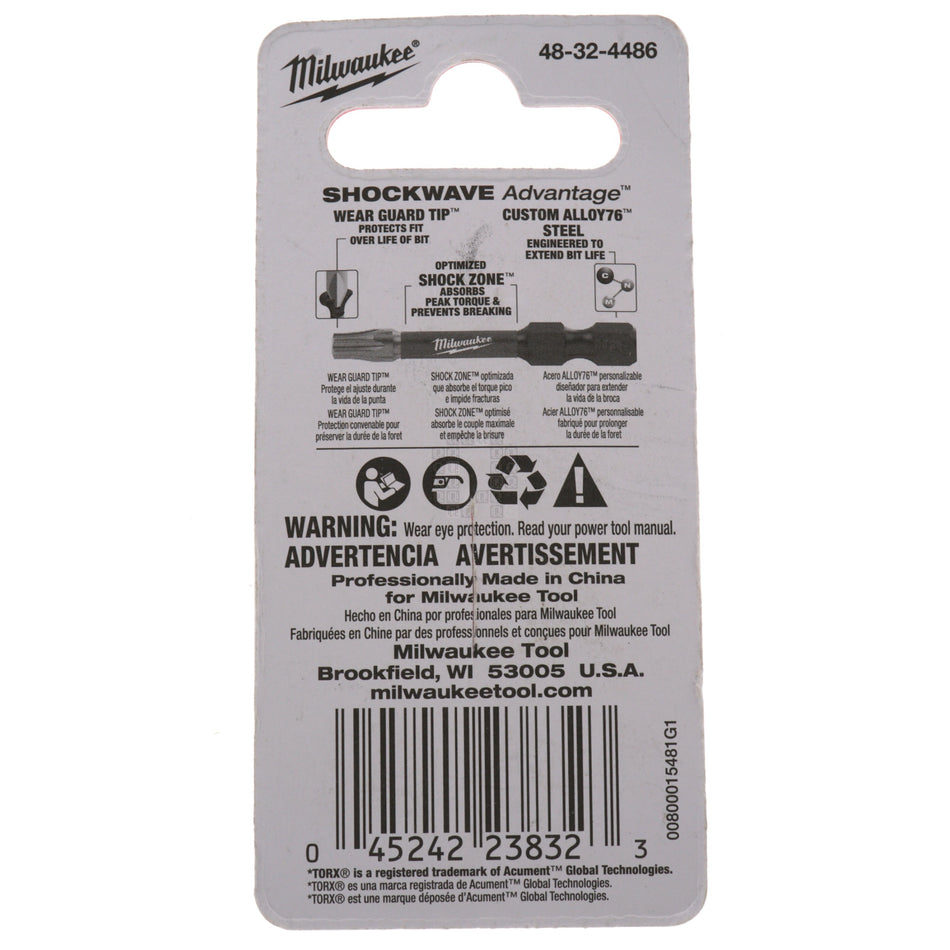 Milwaukee Tool 48-32-4486 SHOCKWAVE Impact T27 TORX  Power Bit, 2" Length