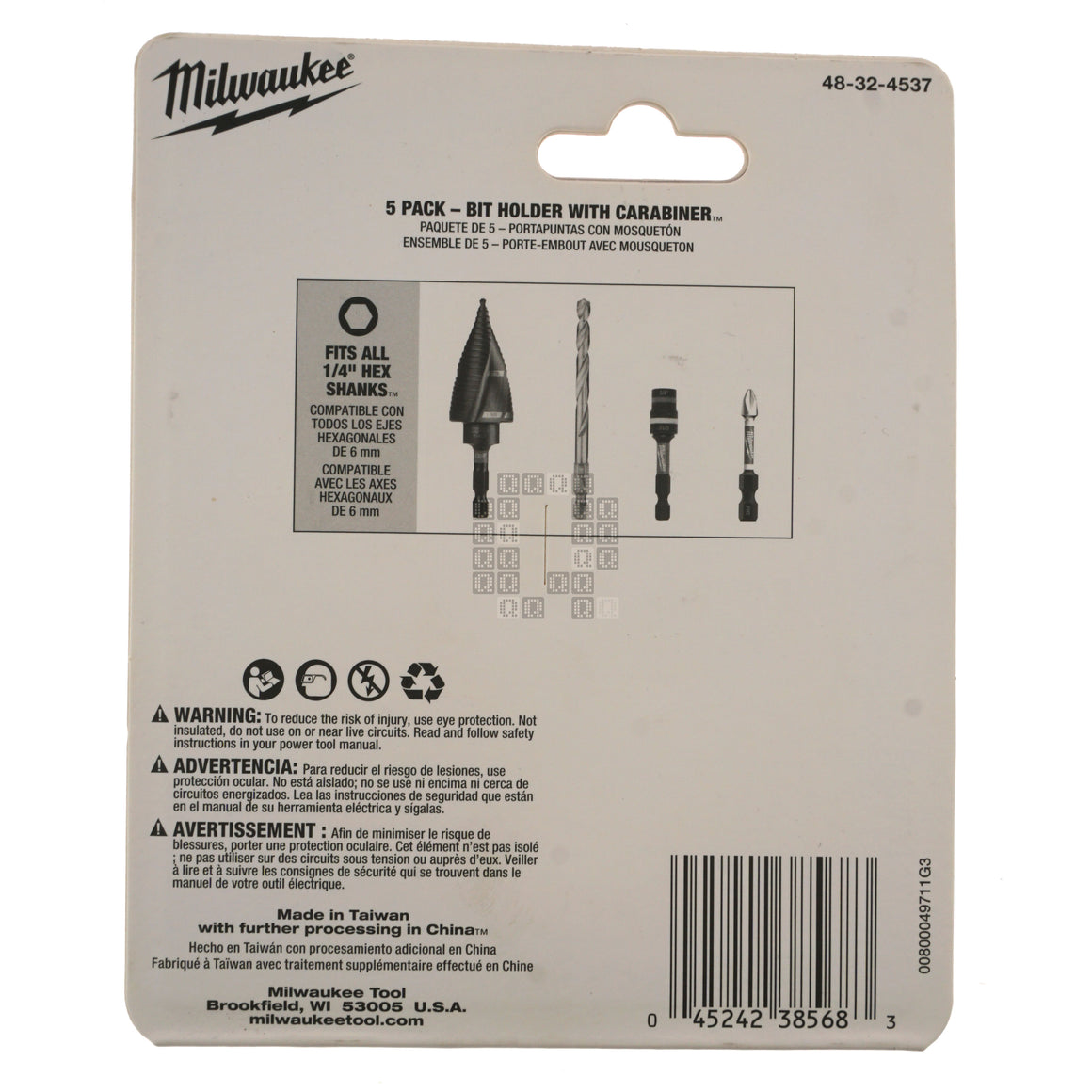 Milwaukee Tool 48-32-4537 5-Piece Bit Holder with Carabiner for 1/4" Hex Quick Connect Shanks Package Back