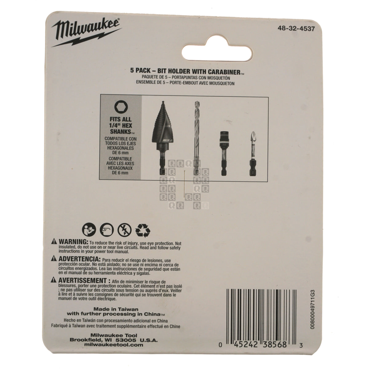 Milwaukee Tool 48-32-4537 5-Piece Bit Holder with Carabiner for 1/4" Hex Quick Connect Shanks Package Back