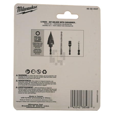 Milwaukee Tool 48-32-4537 5-Piece Bit Holder with Carabiner for 1/4" Hex Quick Connect Shanks Package Back