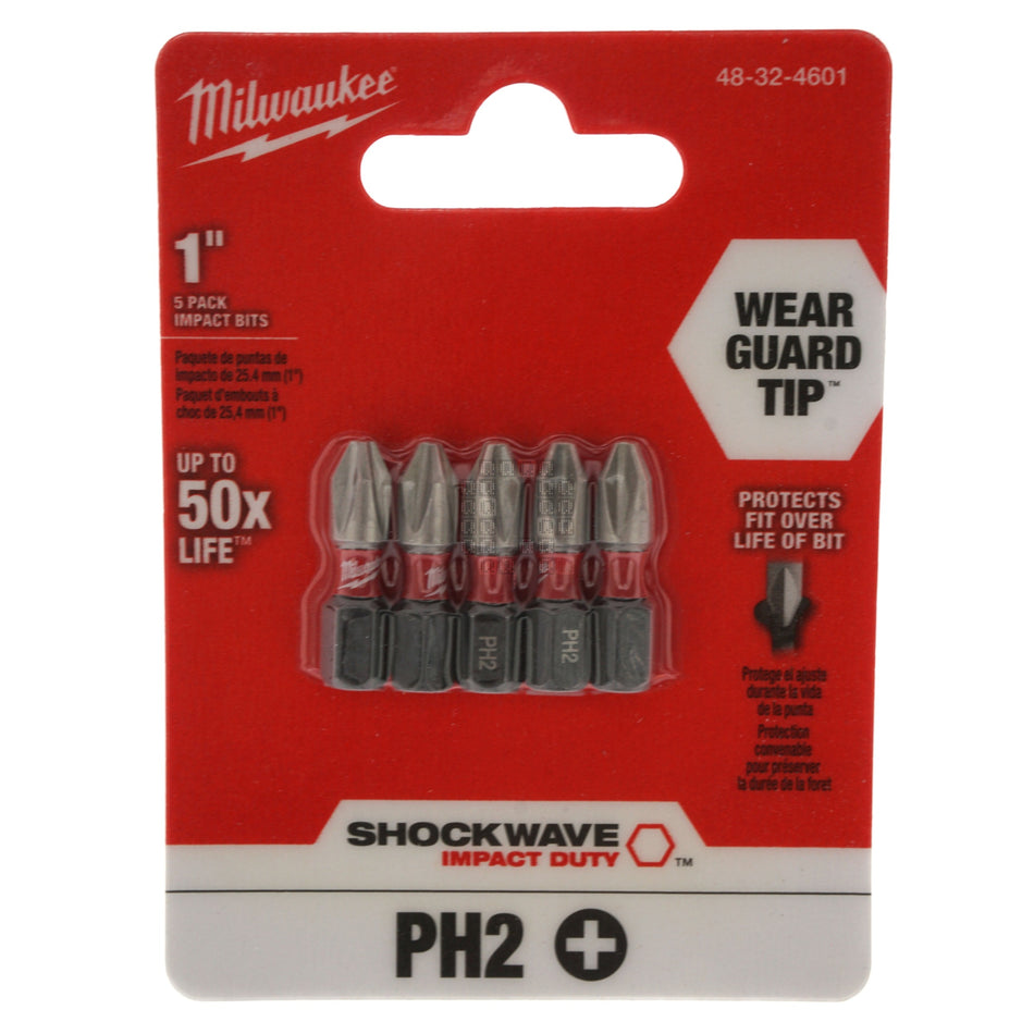 Milwaukee Tool 48-32-4601 SHOCKWAVE Impact Phillips #2 Insert Bits, 1" Length, 5-Pack