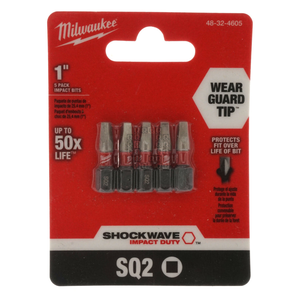 Milwaukee Tool 48-32-4605 SHOCKWAVE Impact SQ2 Square Recess #2 Insert Bits, 5-Pack