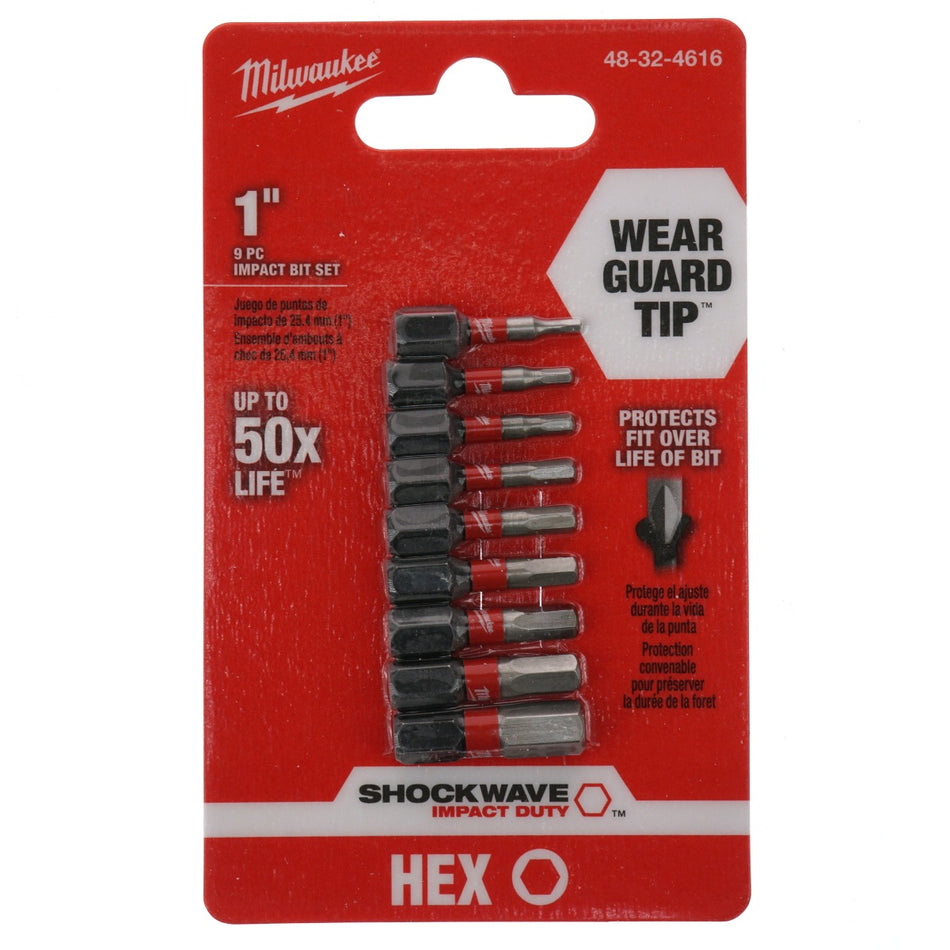 Milwaukee Tool 48-32-4616 SHOCKWAVE Impact Duty Hex Bit Set, 9 Piece, 1" Length