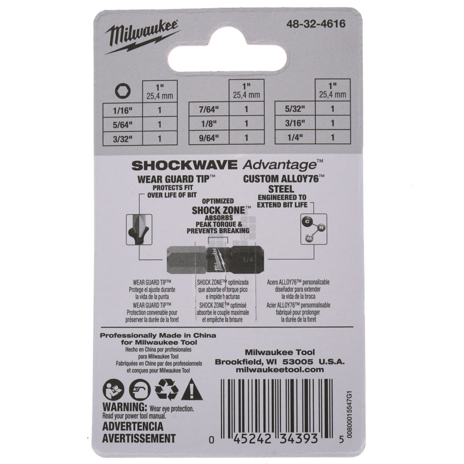 Milwaukee Tool 48-32-4616 SHOCKWAVE Impact Duty Hex Bit Set, 9 Piece, 1" Length