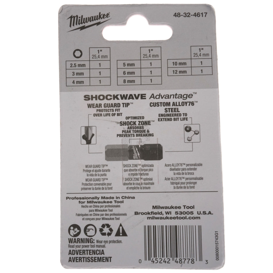 Milwaukee Tool 48-32-4617 SHOCKWAVE 8-Piece Metric Impact Hex Bit Set, 1" Length